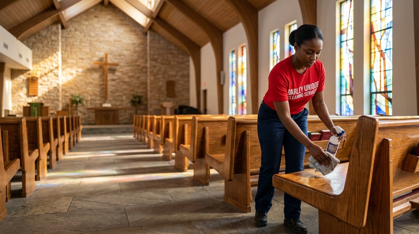Barley Unique team member cleaning church seating