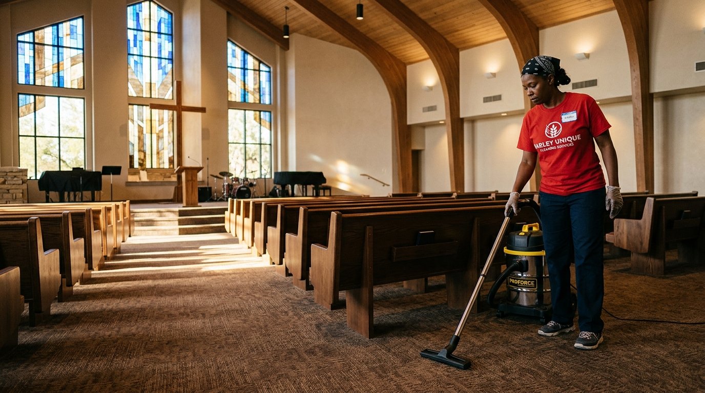 Barley Unique team member vacuuming inside a church